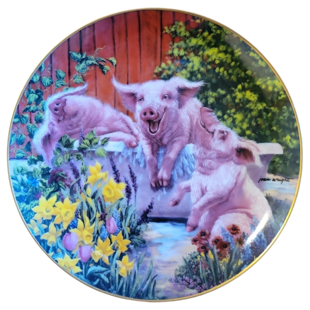 Vtg 97 Hog Wash Joan Wright Pigs In Bloom Danbury Mint Collector Plate Gold